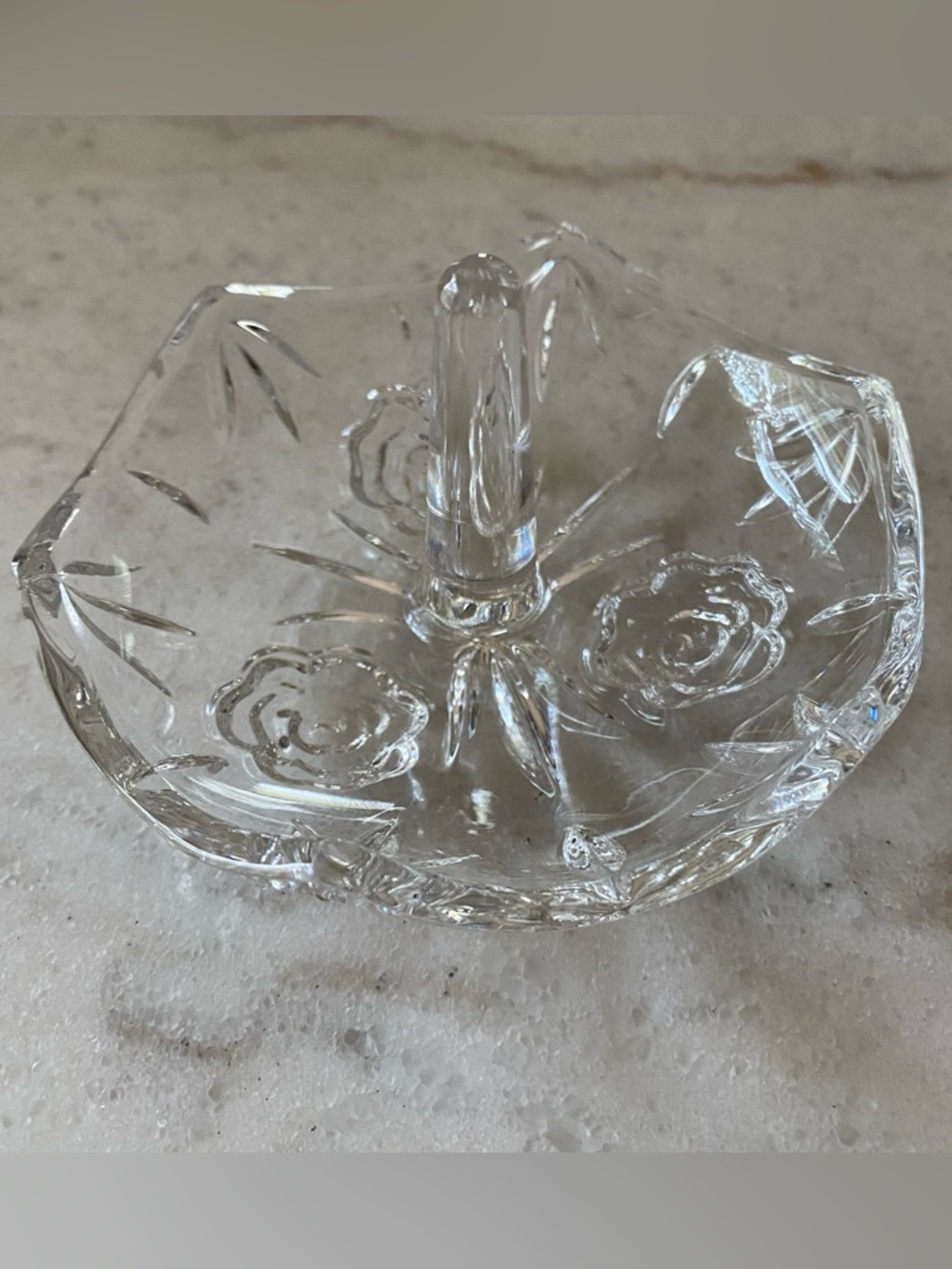 Vintage Floral Etched Crystal Ring Dish